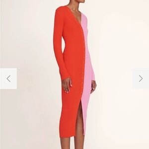 STAUD Asymmetrical Red and Pink One Shoulder Dress